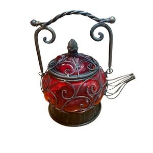 Vintage Ruby Curved Glass With Metal Tea Pot Shaped-lantern Candle